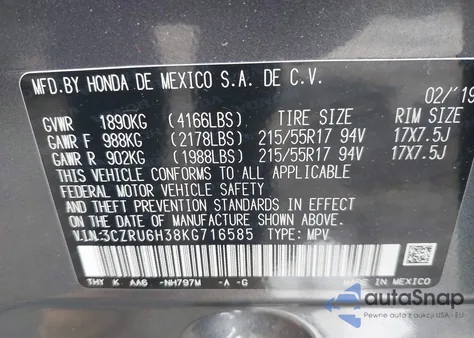 2019 Honda Hr-V Lx z USA, uszkodzony, nr VIN 3CZRU6H38KG716585